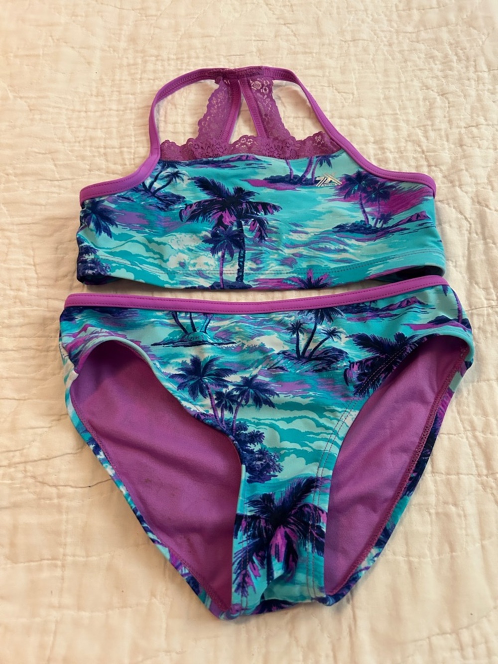 ZeroXposur Teal & Purple Palm-Print Two-Piece Girls Swim Set